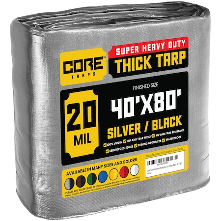 Core Tarps Heavy Duty Tarp, 80 ft L x 0.5 mm H x 40 ft W, 20 Mil, Silver/Black, Polyethylene CT-701-40X80